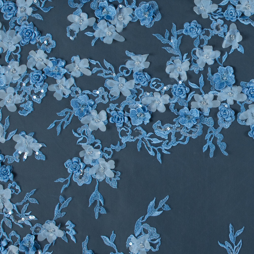 Radiant Light Blue 3D Floral Embroidered Tulle with Beads and Sequins
