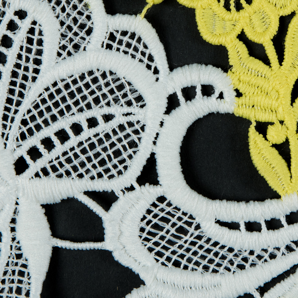 White and Yellow Floral Embroidered Guipure Lace - Detail