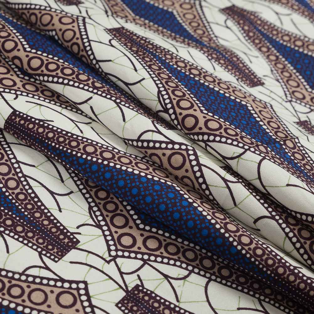 Brown and Blue Geometric Stretch Cotton Sateen - Folded