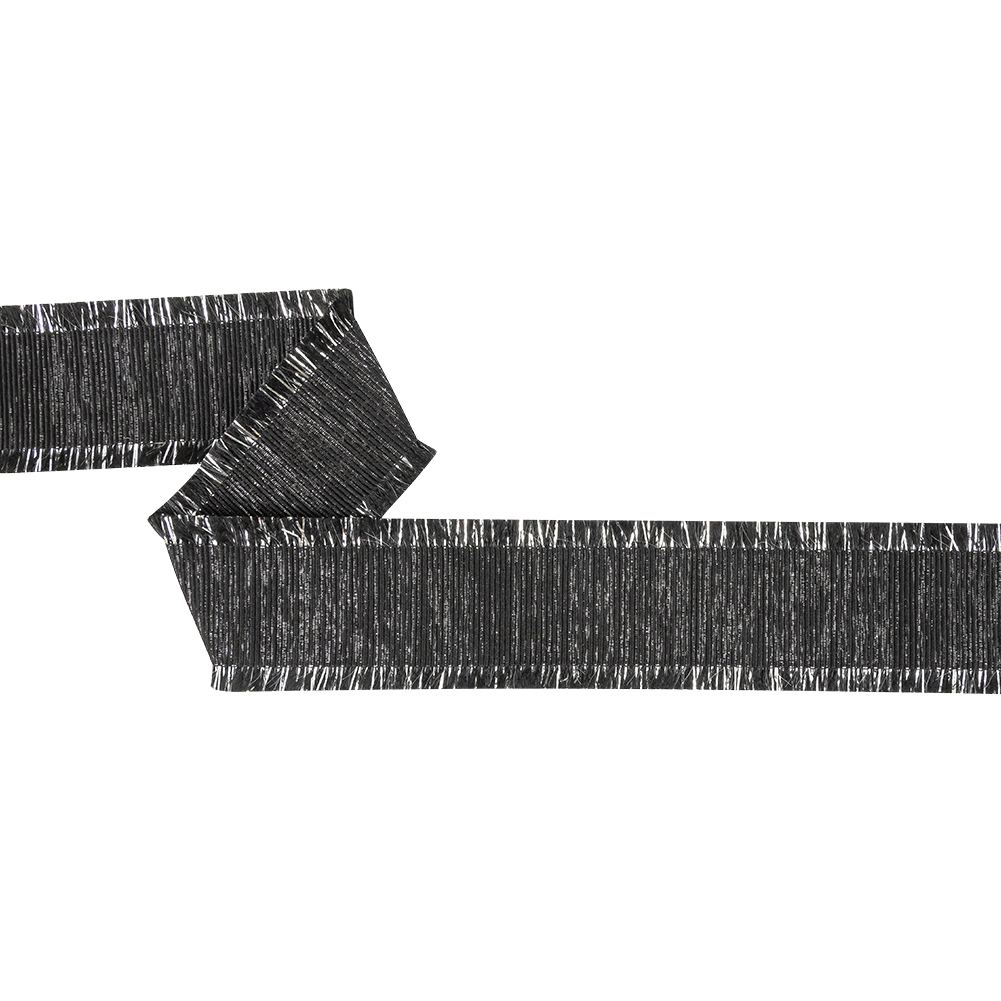 Italian Black and Silver Metallic Grosgrain Ribbon with Fringe - 1.4375