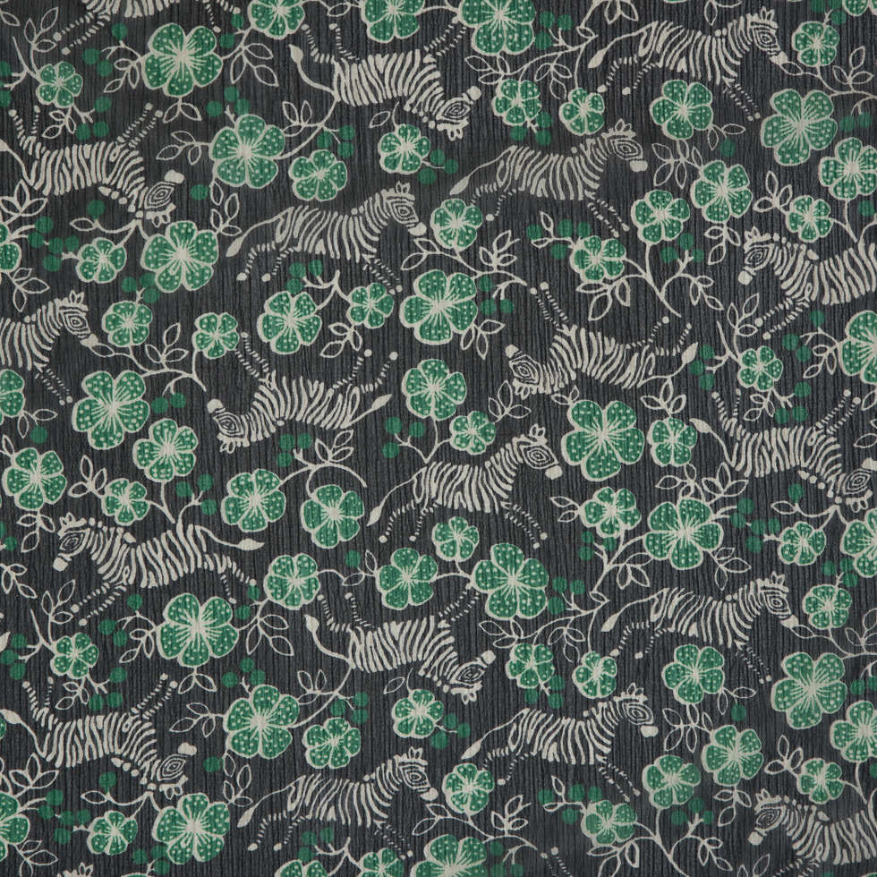 Famous Designer Green/Black Zebra and Floral Printed Crinkled Chiffon