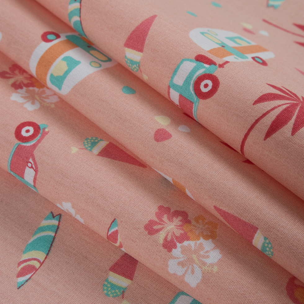 Scallop Shell/Persimmon Printed Trailers, Palm Trees, Ice Cream and Flamingos on Organic Cotton Poplin - Folded