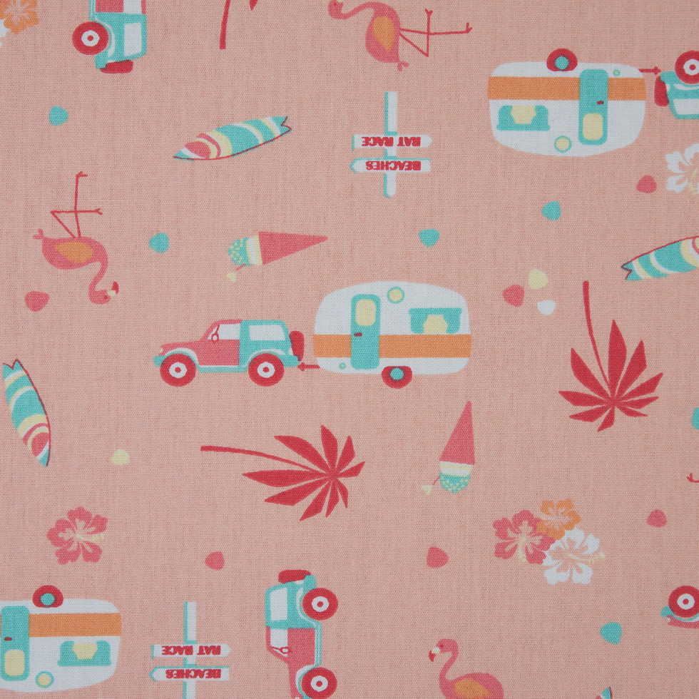 Scallop Shell/Persimmon Printed Trailers, Palm Trees, Ice Cream and Flamingos on Organic Cotton Poplin