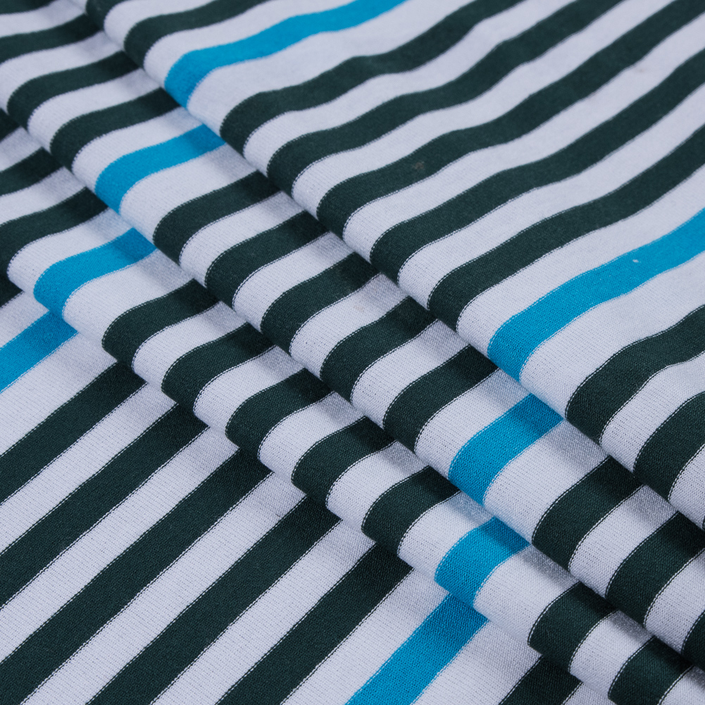 Italian Green/Surf Blue/White Bengal Striped Stretch Rayon Jersey Knit