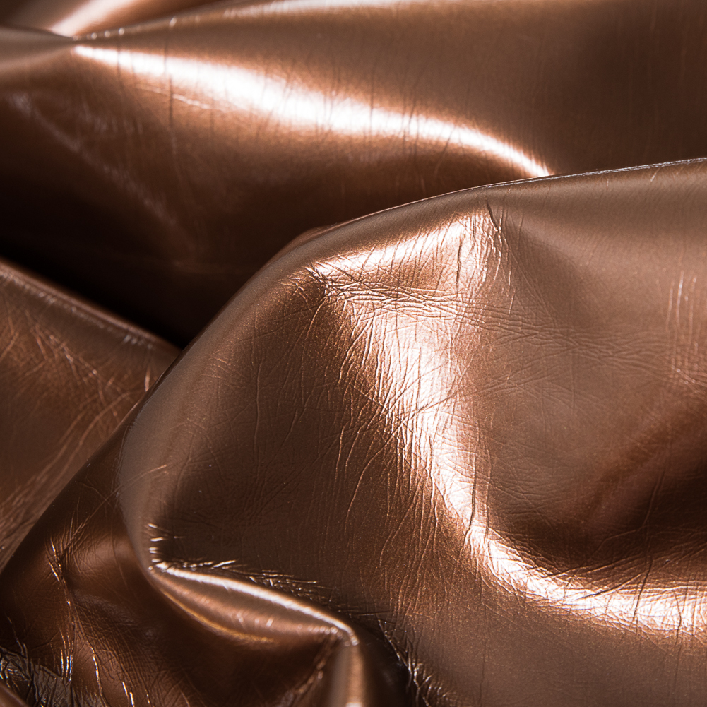 Leather Brown Wrinkled Faux Patent Leather with a Black Fabric Backing - Detail
