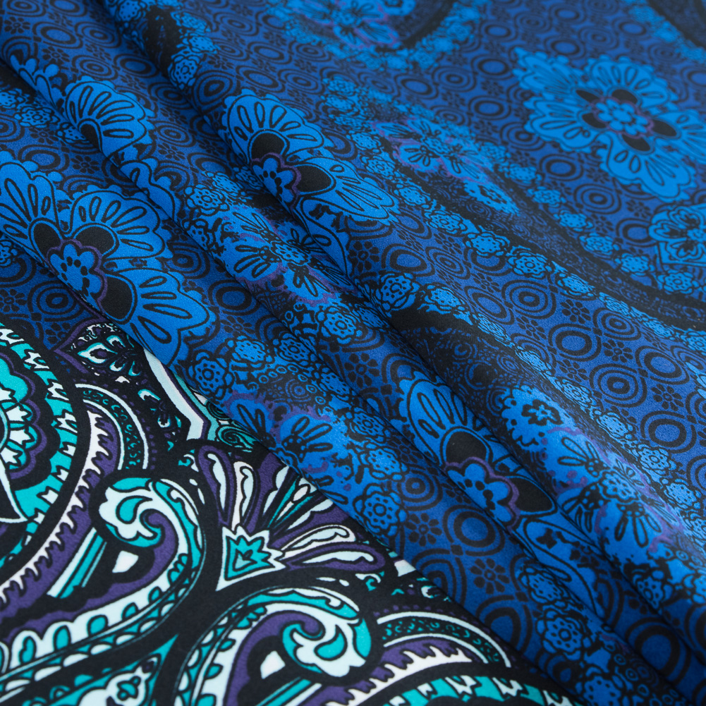 Mazarine Blue, Tropical Green and Patrician Purple Paisley Border Printed Stretch Sateen - Folded