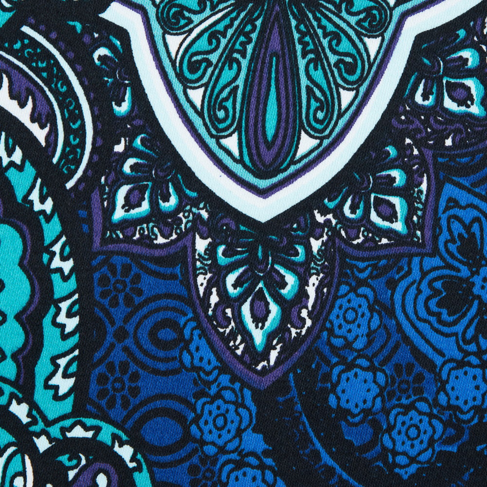 Mazarine Blue, Tropical Green and Patrician Purple Paisley Border Printed Stretch Sateen - Detail