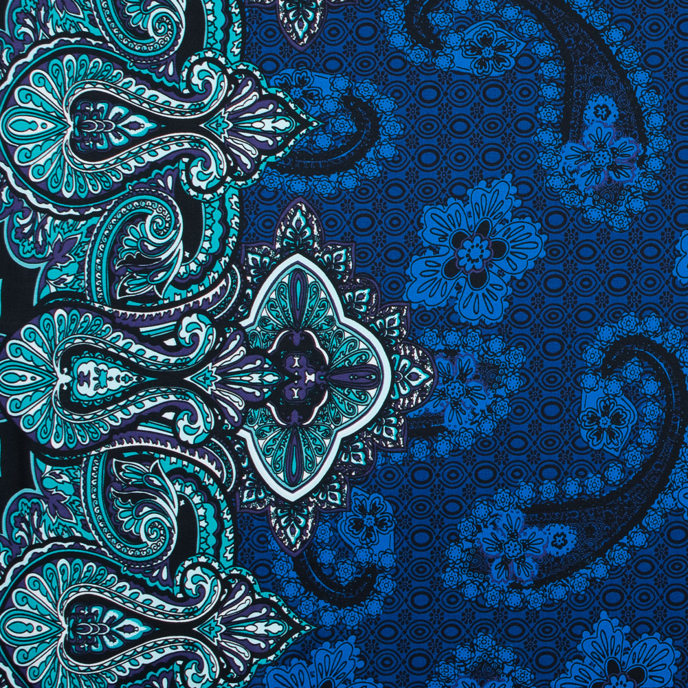 Mazarine Blue, Tropical Green and Patrician Purple Paisley Border Printed Stretch Sateen