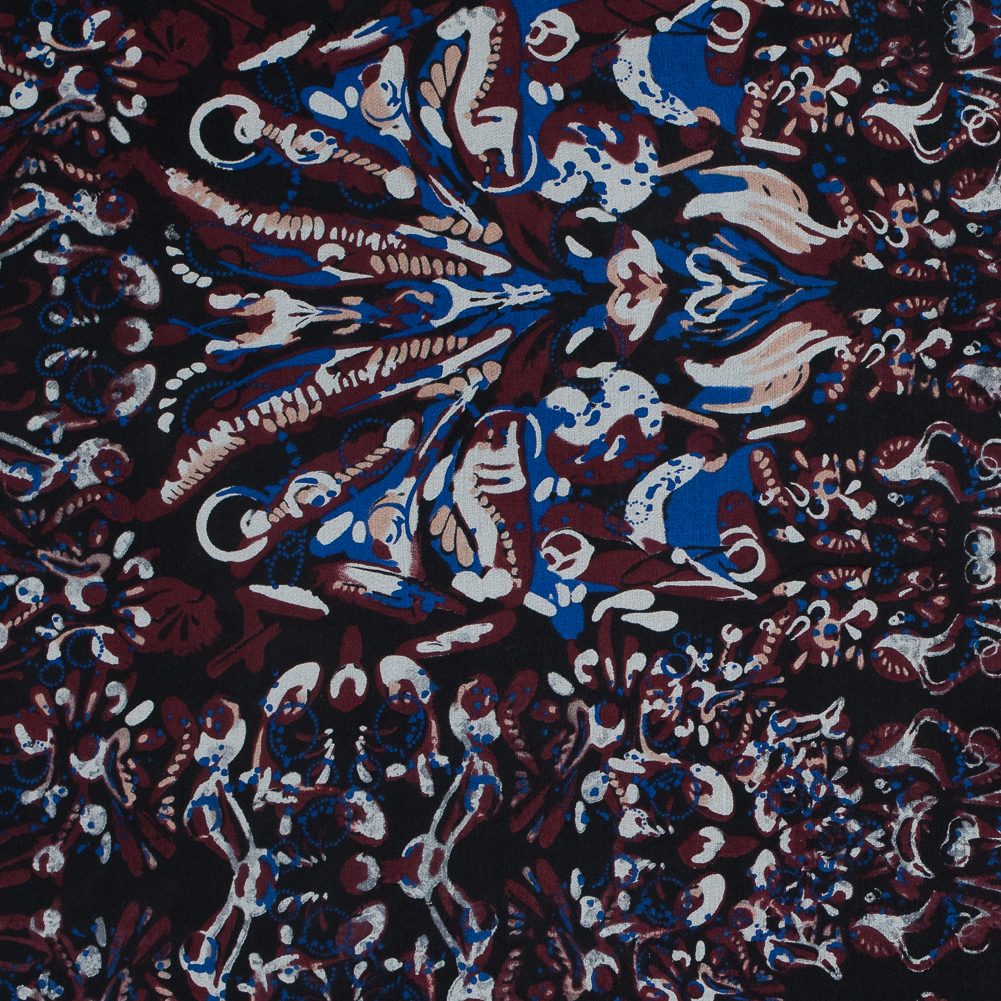 Burgundy and Blueprint Blue Abstract Printed Silk Chiffon