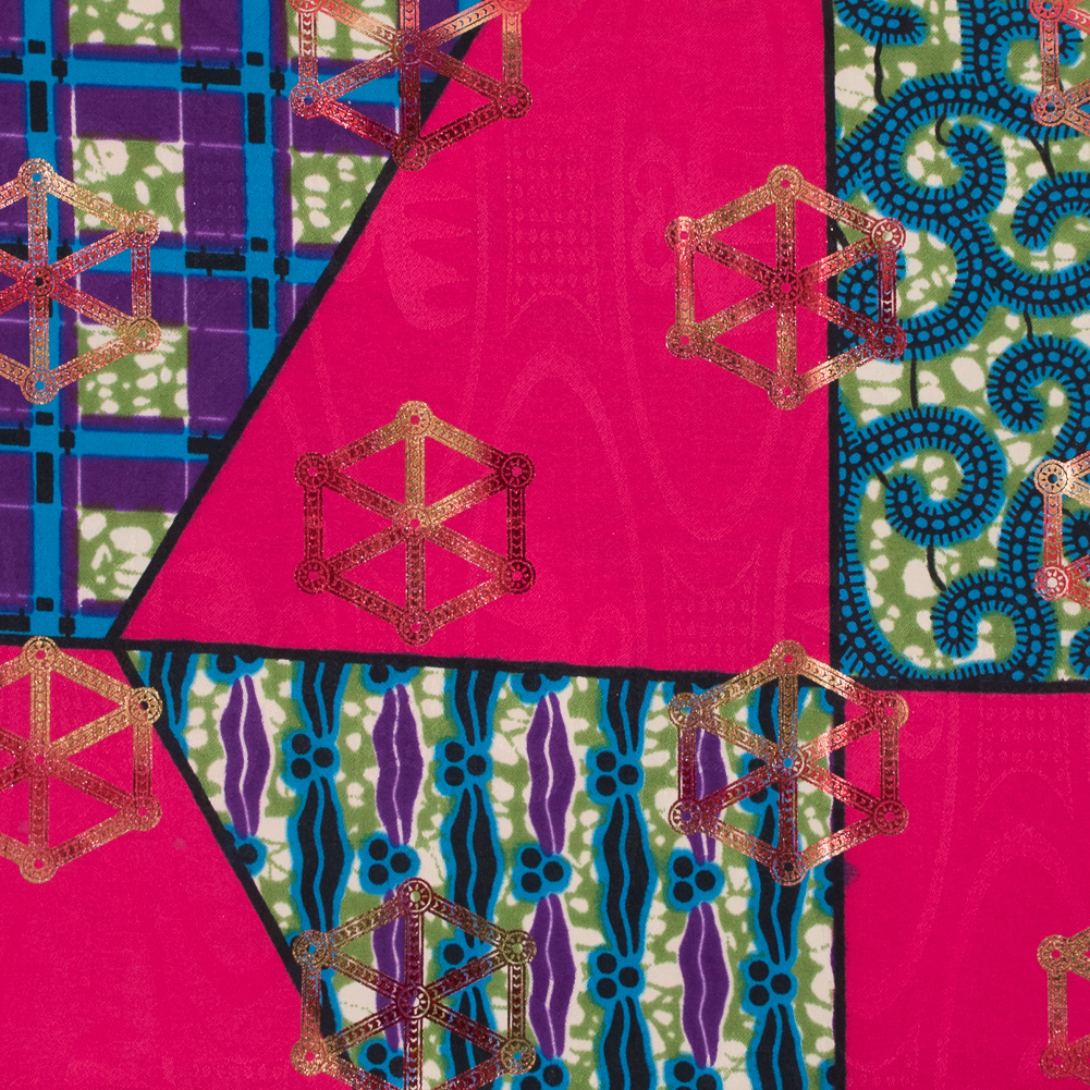 Fuchsia Waxed Cotton African Print with Inlaid Print and Metallic Ombre Foil