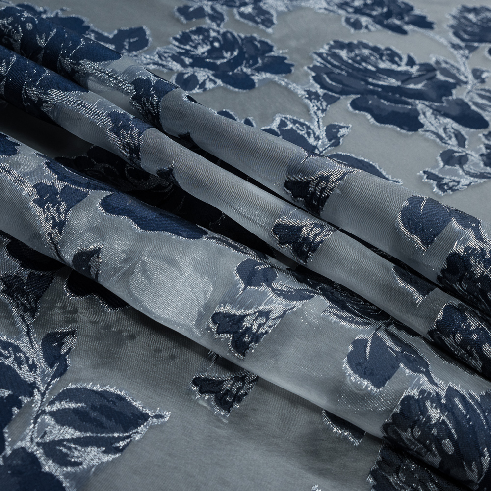 Patriot Blue and Metallic Silver Floral Burnout Organza - Folded