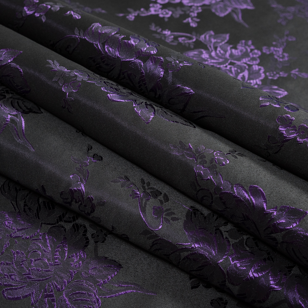 Luminous Purple and Black Floral Satin Jacquard