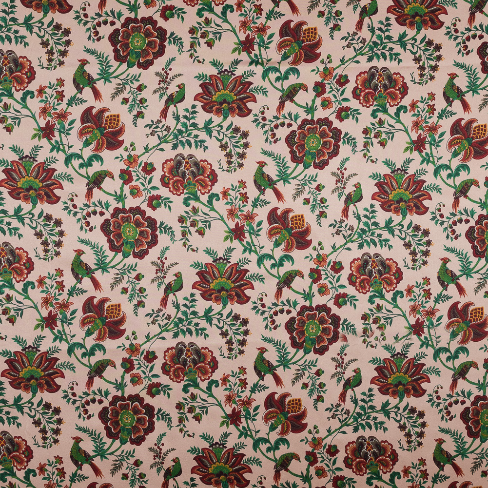 Salmon, Red and Green Floral Printed Silk Charmeuse