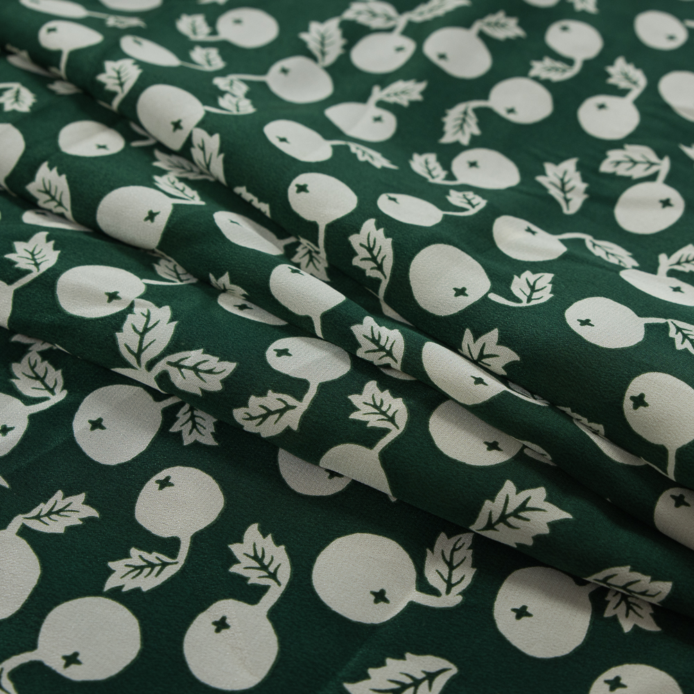 Famous NYC Designer Green and Ivory Fruit Printed Silk Crepe de Chine - Folded