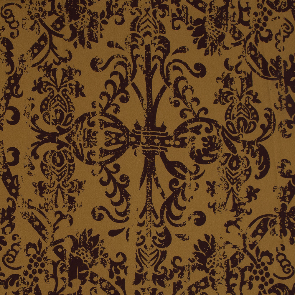 Mustard and Brown Scroll Printed Cotton Twill with a Brushed Back