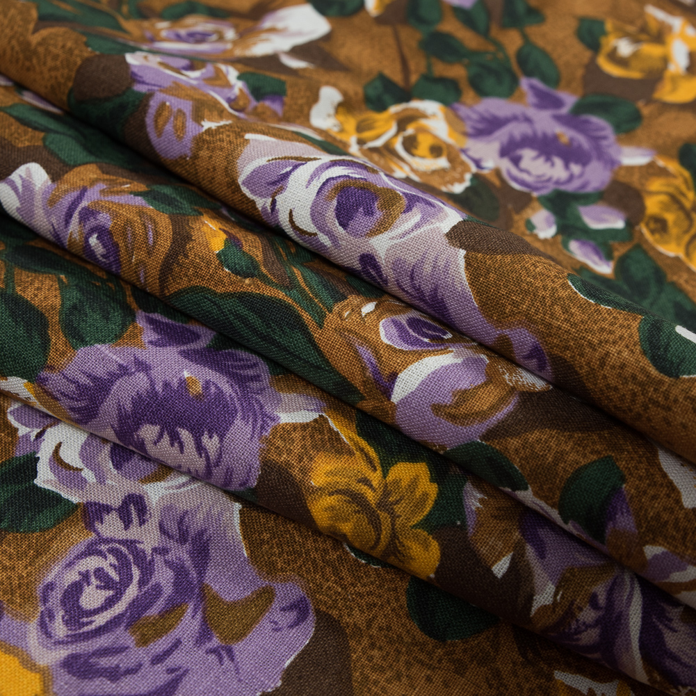 Purple and Mustard Floral Printed Linen Woven - Folded