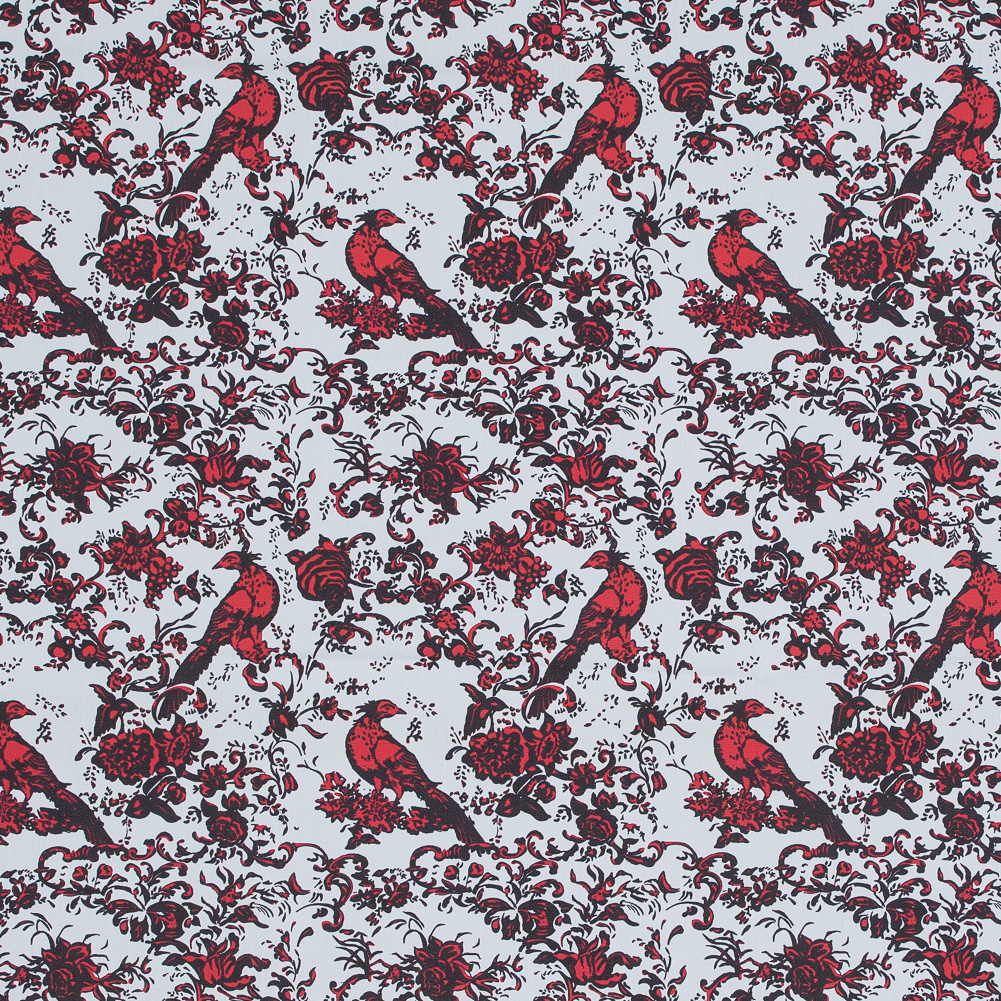 Red, White and Black Bird of Paradise Printed Stretch Cotton Shirting