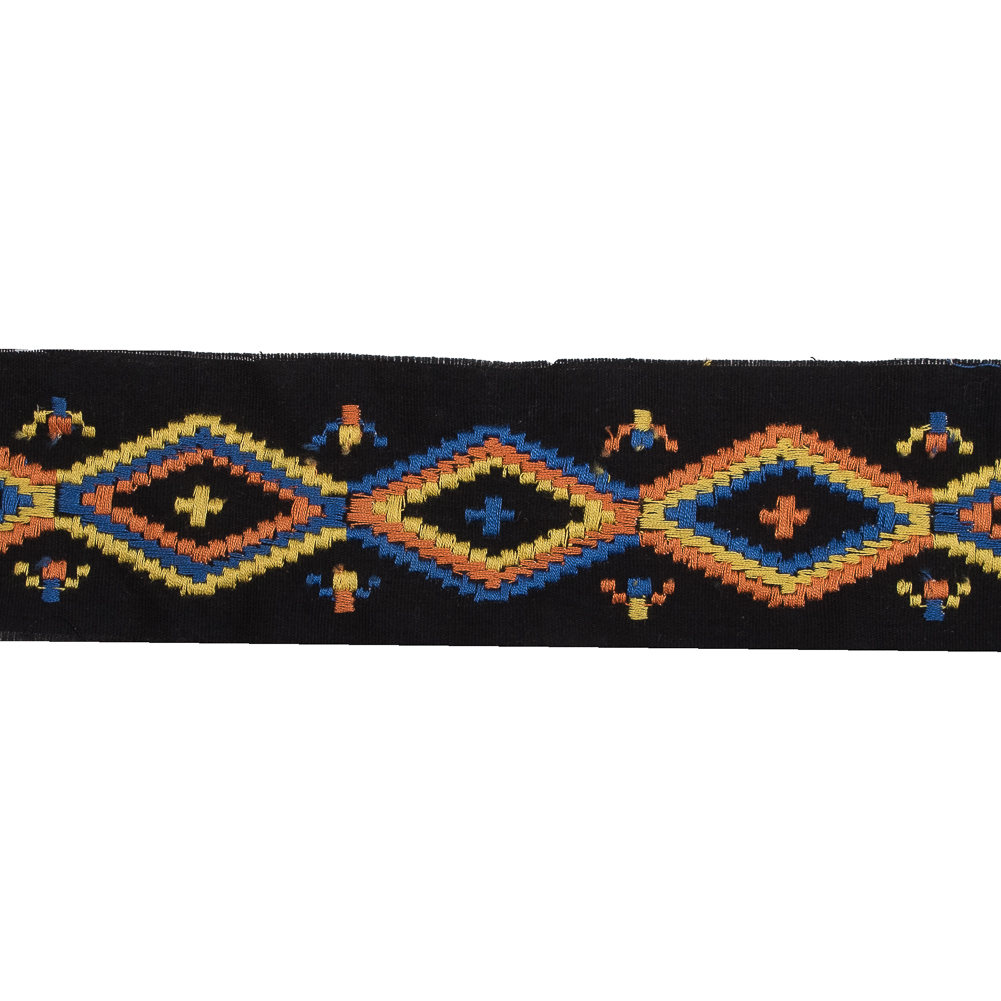 Black Woven Trim with a Multicolor Embroirdered Design - 2 - Detail