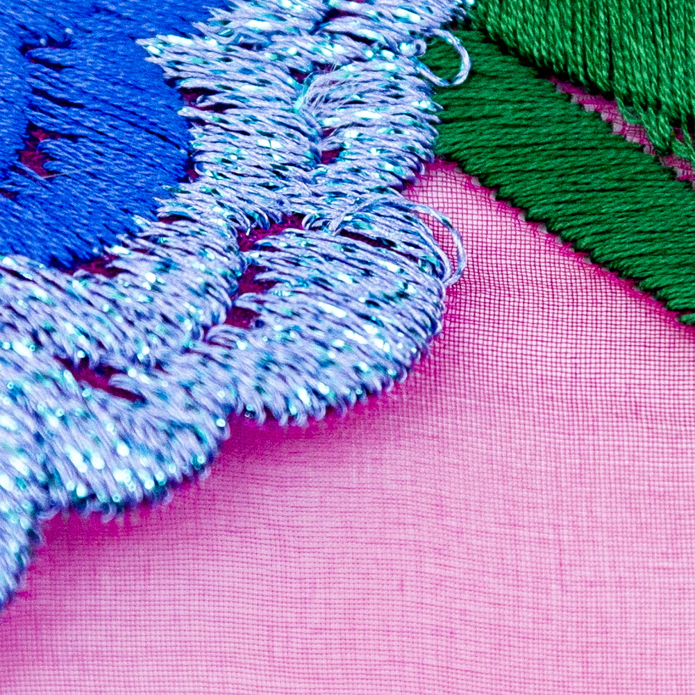 Carolina Herrera Cerise and Metallic Blue Floral Embroidered Silk Organza - Detail