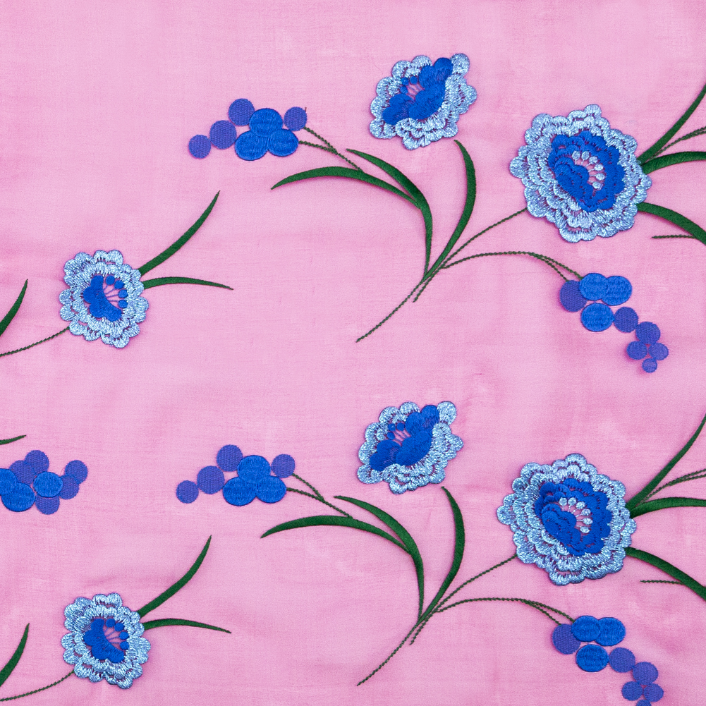Carolina Herrera Cerise and Metallic Blue Floral Embroidered Silk Organza