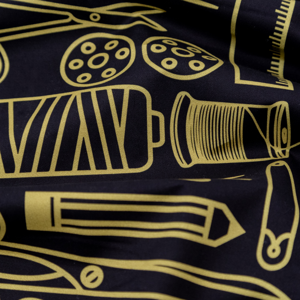 Mood Exclusive Black and Gold Sewing Supplies Border Printed Stretch Carbon Brush Twill - Detail
