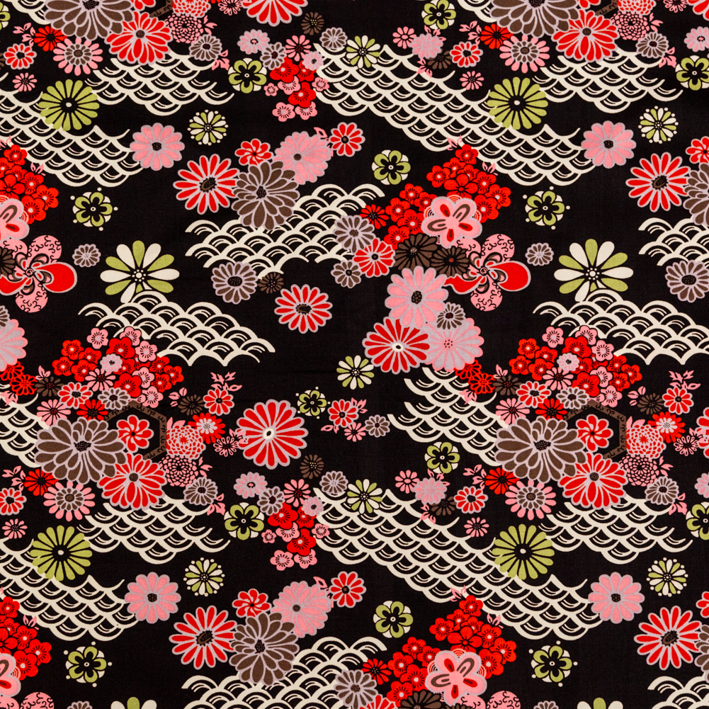 Red and Black Floral Printed Cotton Twill
