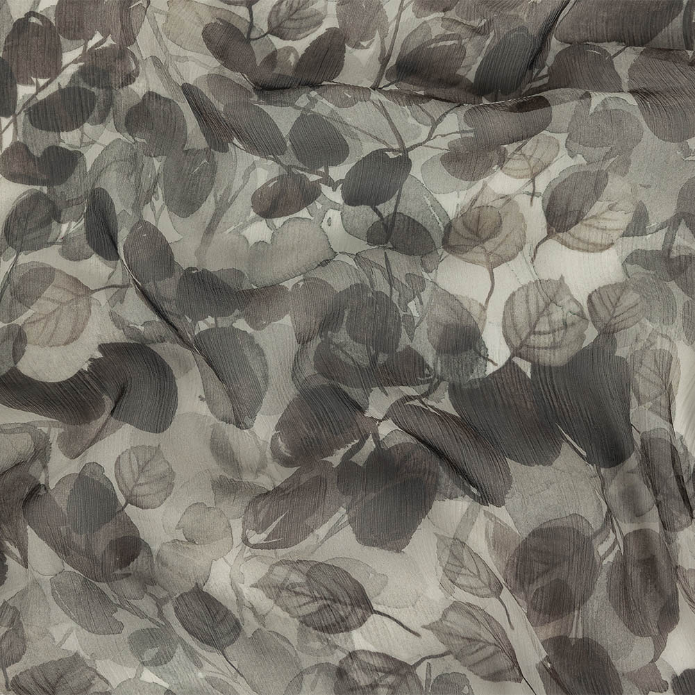 Black and Gray Leafy Crinkled Silk Chiffon