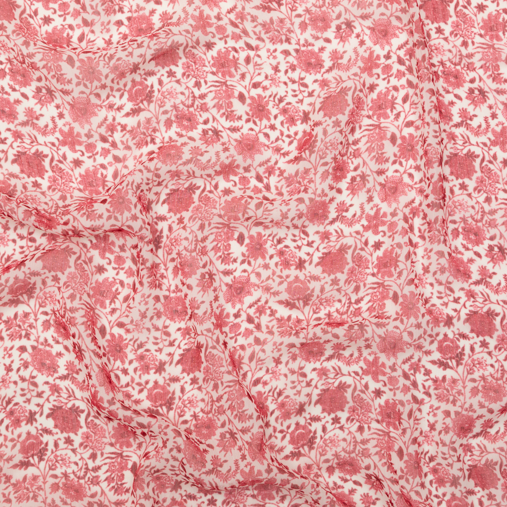 Italian Cranberry and Bright White Floral Crinkled Polyester Chiffon