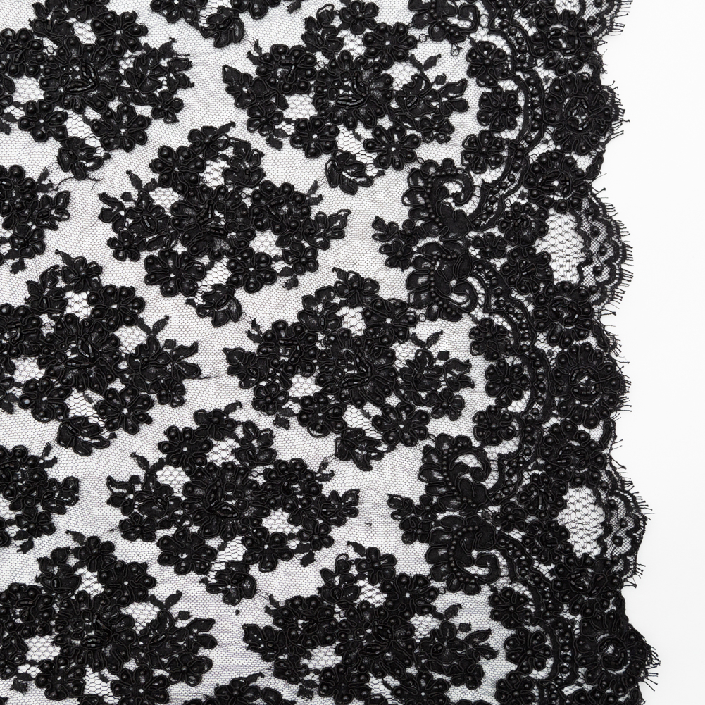 Black Narrow Beaded Floral Corded Lace with Scalloped Eyelash Edges