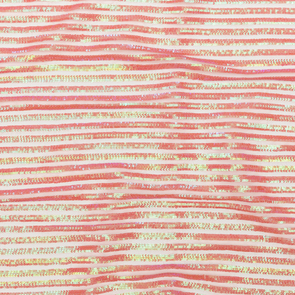 Pink and Yellow Iridescent Striped Baby Sequins on White Netting