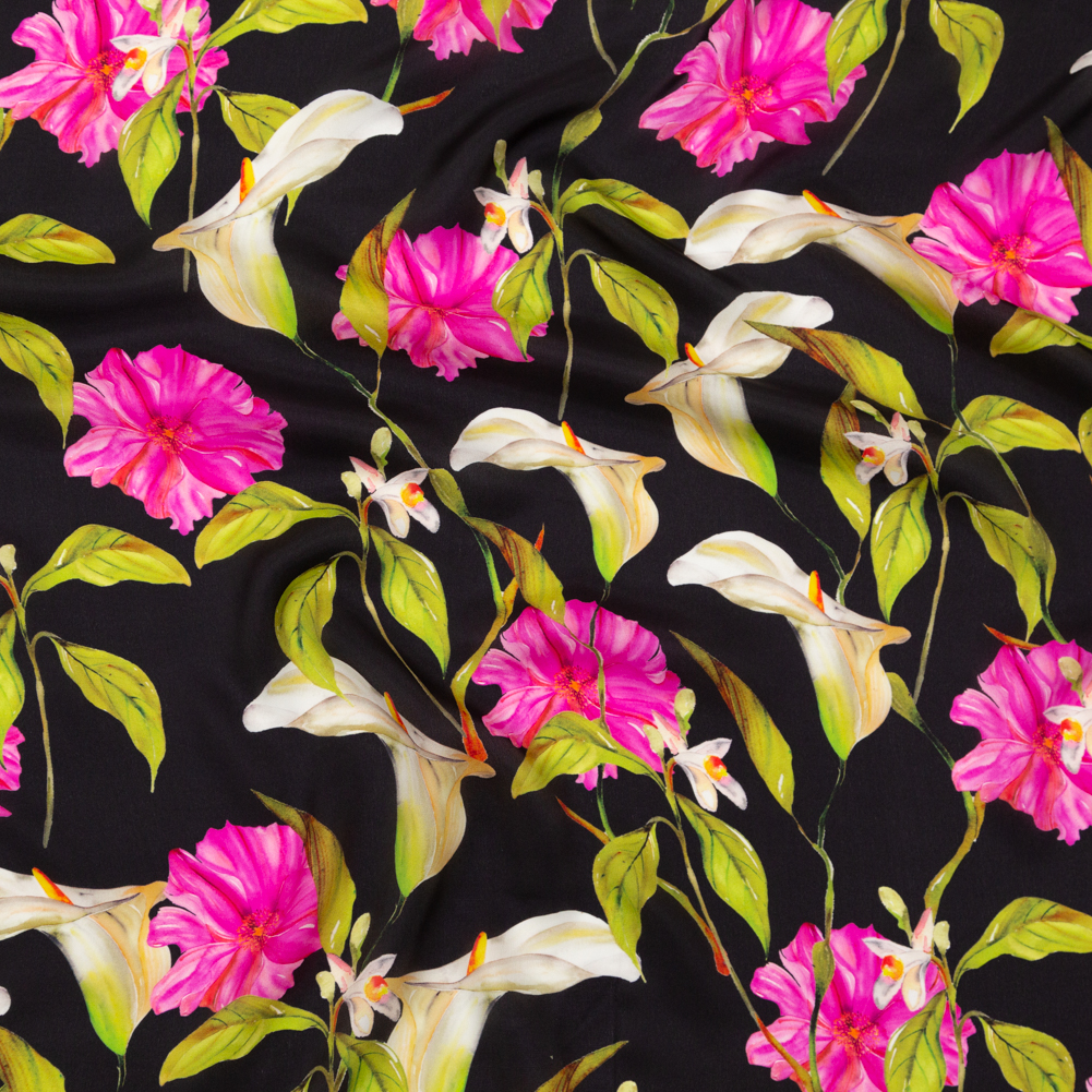 Milly Large Fuchsia, Green and Black Floral Satin-Faced Silk Georgette