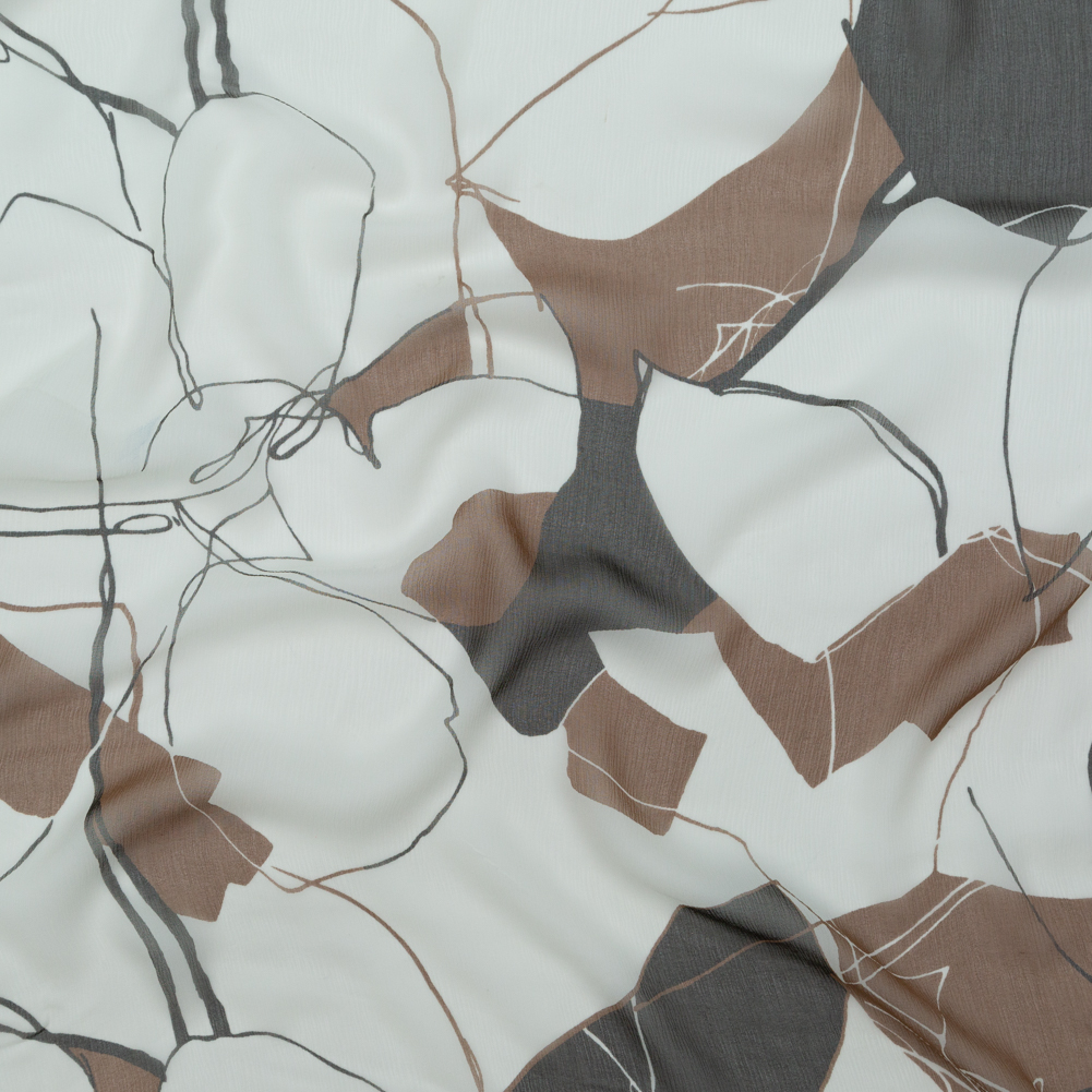 Brown and White Abstract Crinkled Silk Chiffon