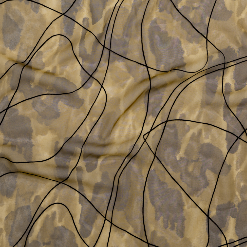Warm Brown and Black Abstract Flocked Polyester Chiffon