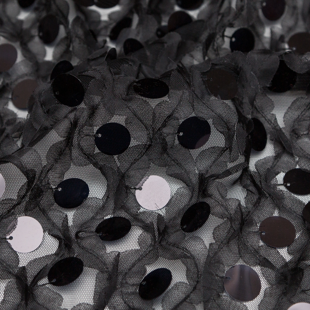 Italian Black 3D Floral Circle Paillette Sequined Tulle - Detail
