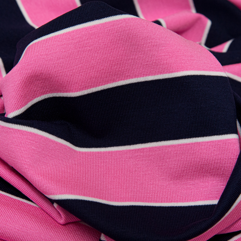 Wild Orchid and Evening Blue Awning Striped Polyester Jersey - Detail