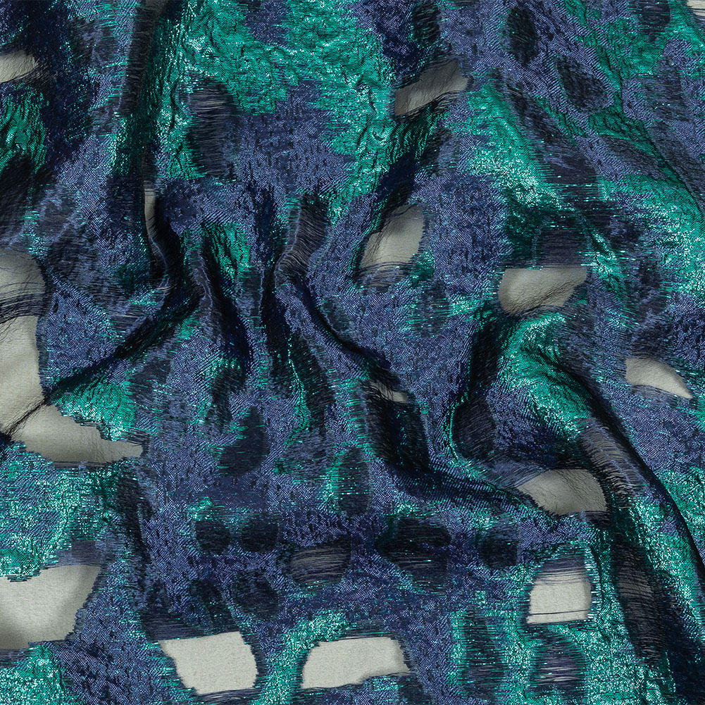 Metallic Teal and Navy Abstract Luxury Burnout Brocade
