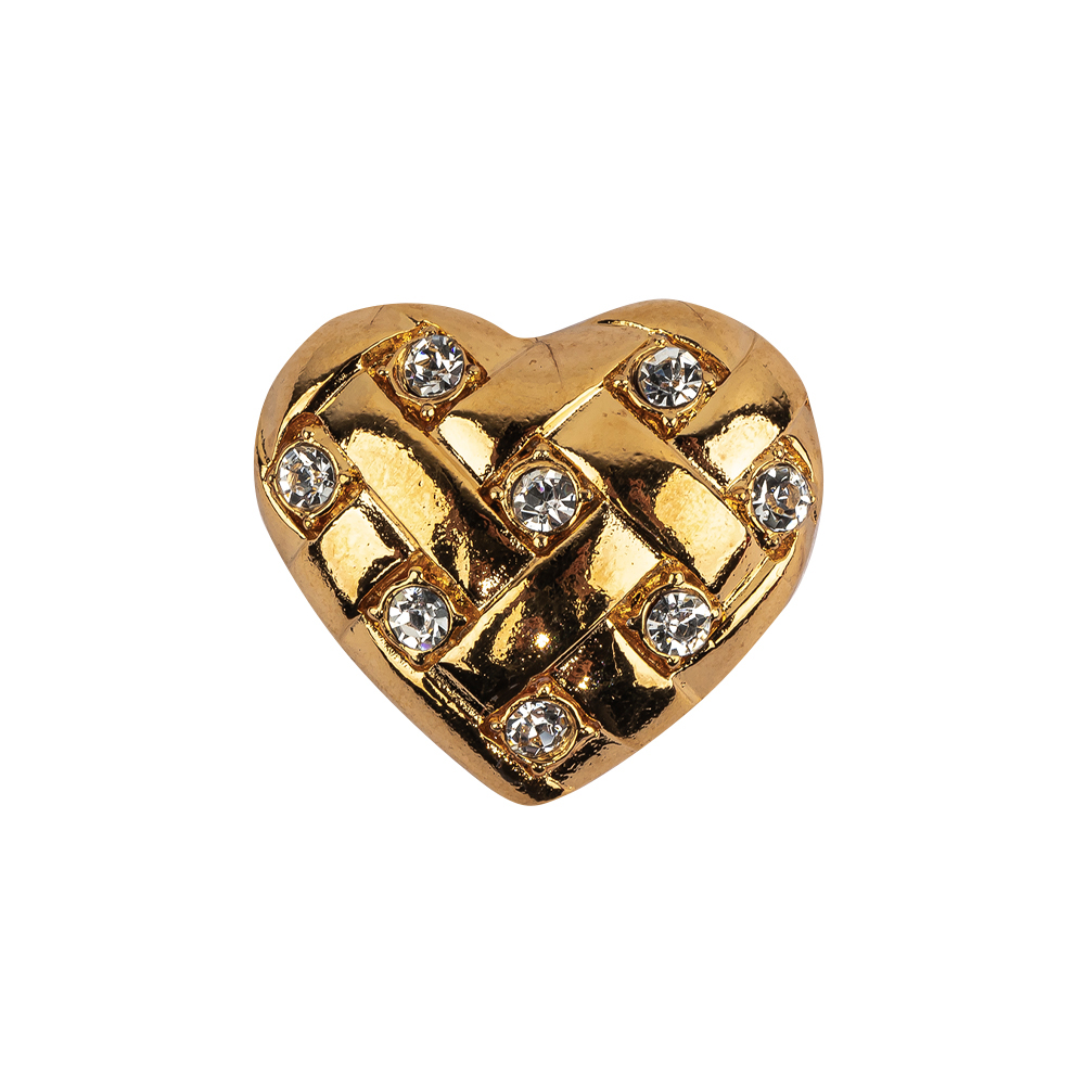 Vintage Swarovski Crystal Rhinestones and Gold Metal Faux Basket Weave Shank Back Heart-Shaped Button - 36L/23mm