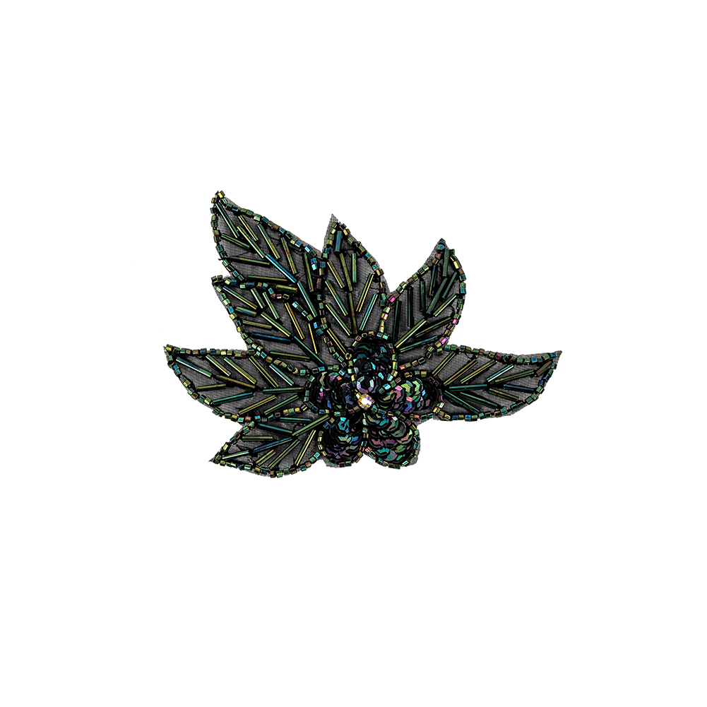 Vintage Green Iris Sequins and Multi-lined Bugle Beaded Floral Applique with Rhinestone Center - 4