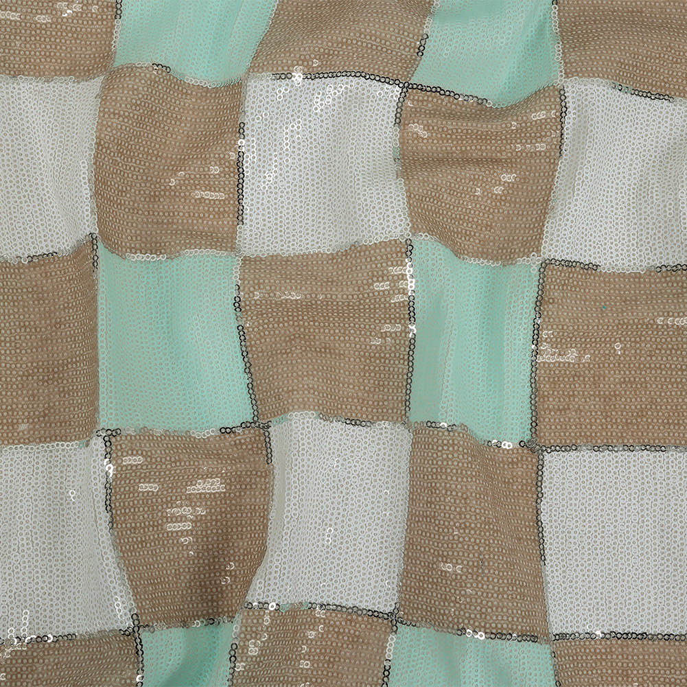 Italian Soothing Sea, Light Taupe and Lucent White Baby Sequin Squares on White Mesh
