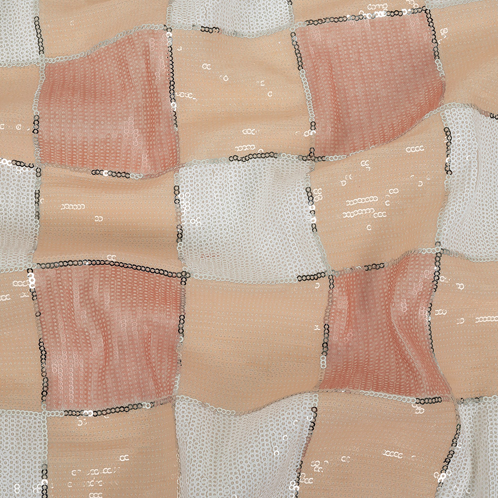 Italian Seashell Pink, Beige and White Baby Sequin Squares on White Mesh