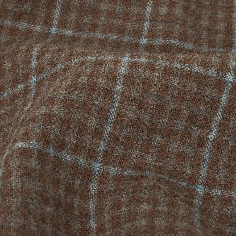 Italian Beige and Blue Plaid Super 100 Wool and Cashmere Suiting - Detail