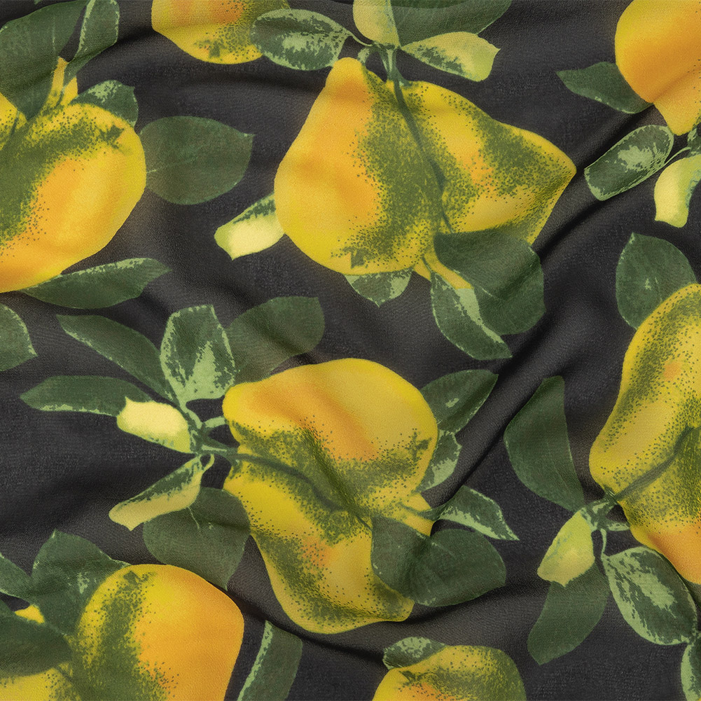 Famous NYC Designer Italian Amber and Green Pears Printed on Black Viscose Georgette