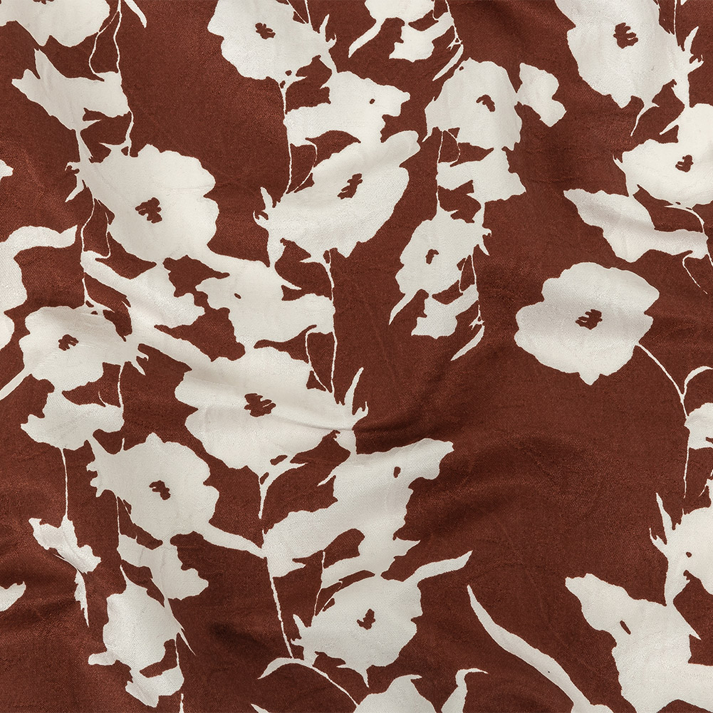 Oscar de la Renta Chestnut Brown and Snow White Floral Printed Silk and Rayon Jacquard
