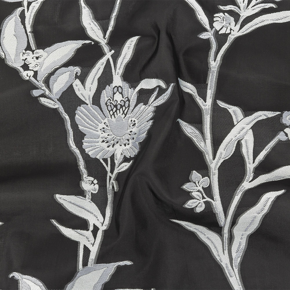 Carolina Herrera Italian Black and Silver Floral Burnout Blended Silk Jacquard