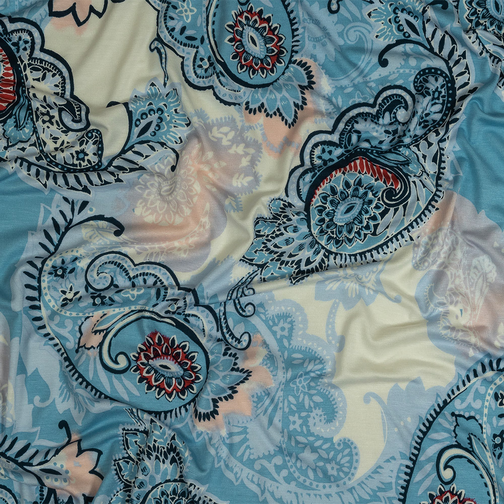 Sky, Periwinkle and White Paisley Stretch Rayon Jersey