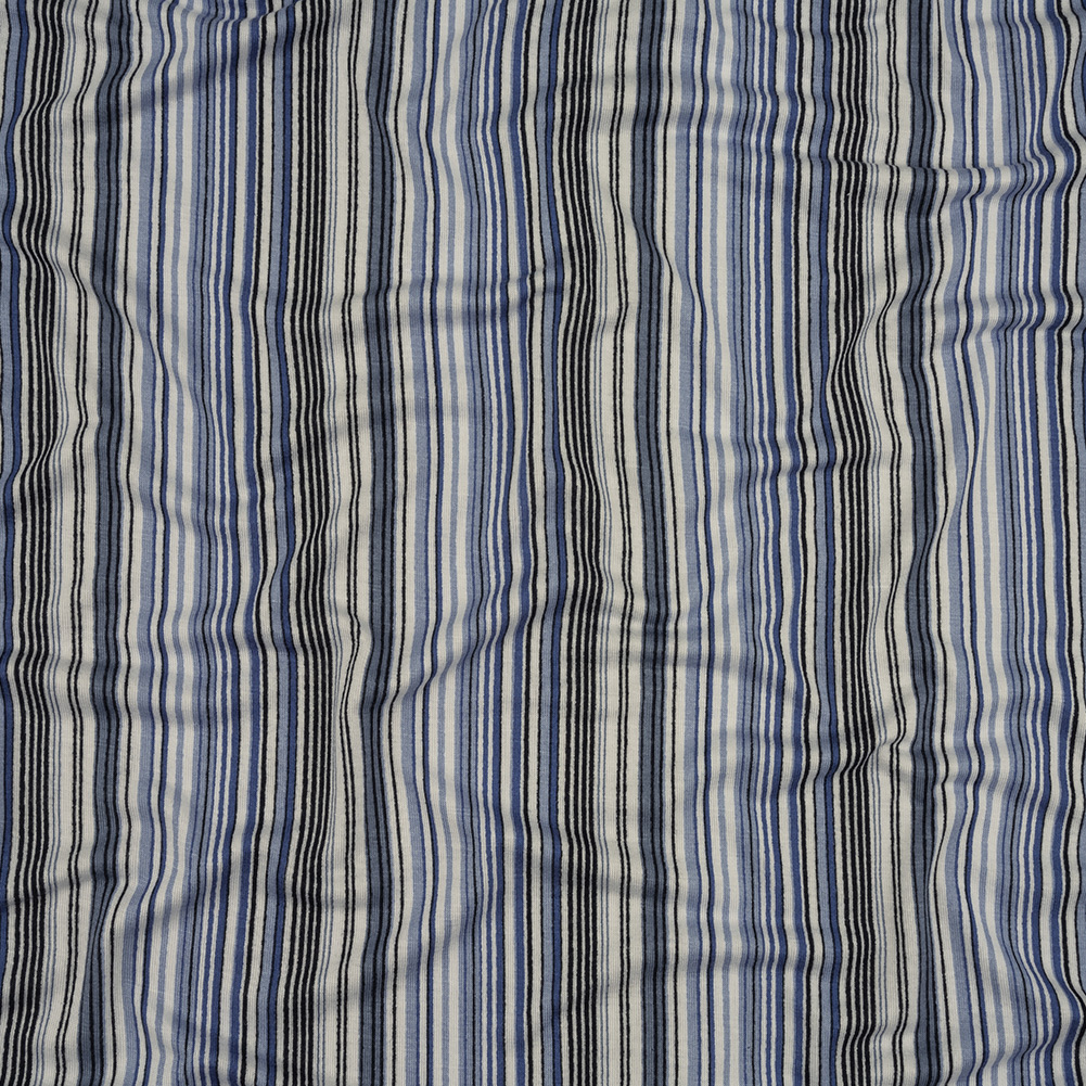 Blue and White Barcode Stripes Stretch Rayon Jersey