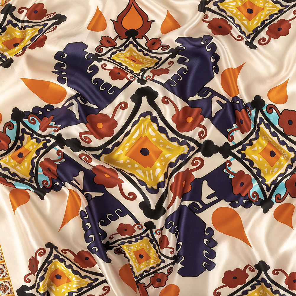 Orange, Peacoat and Yellow Geometric and Floral Medallions Silk Charmeuse Panel