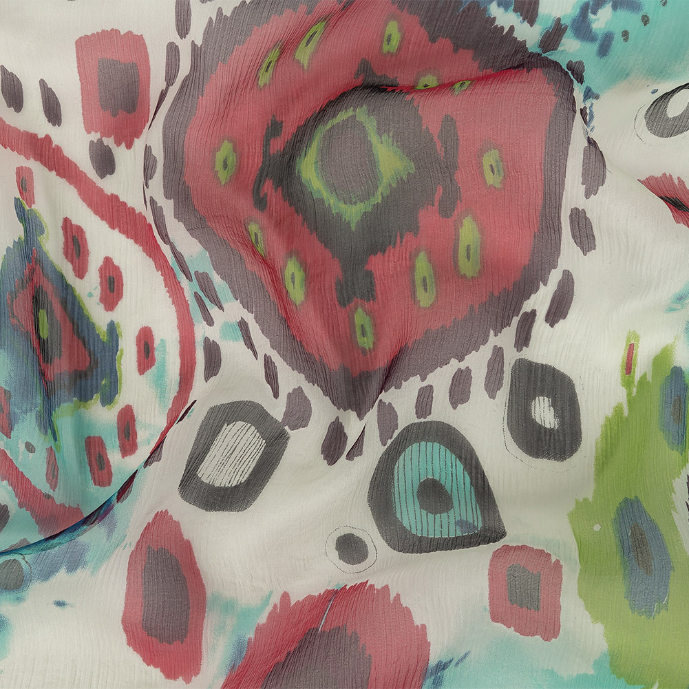 Red, Opaline Green and Blue Ikat Medallions Crinkled Silk Chiffon