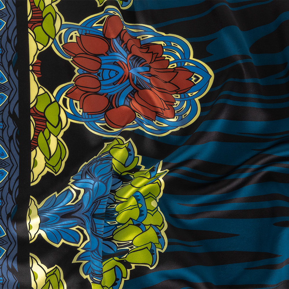 Black, Blue and Green Zebra Stripes and Floral Borders Silk Charmeuse