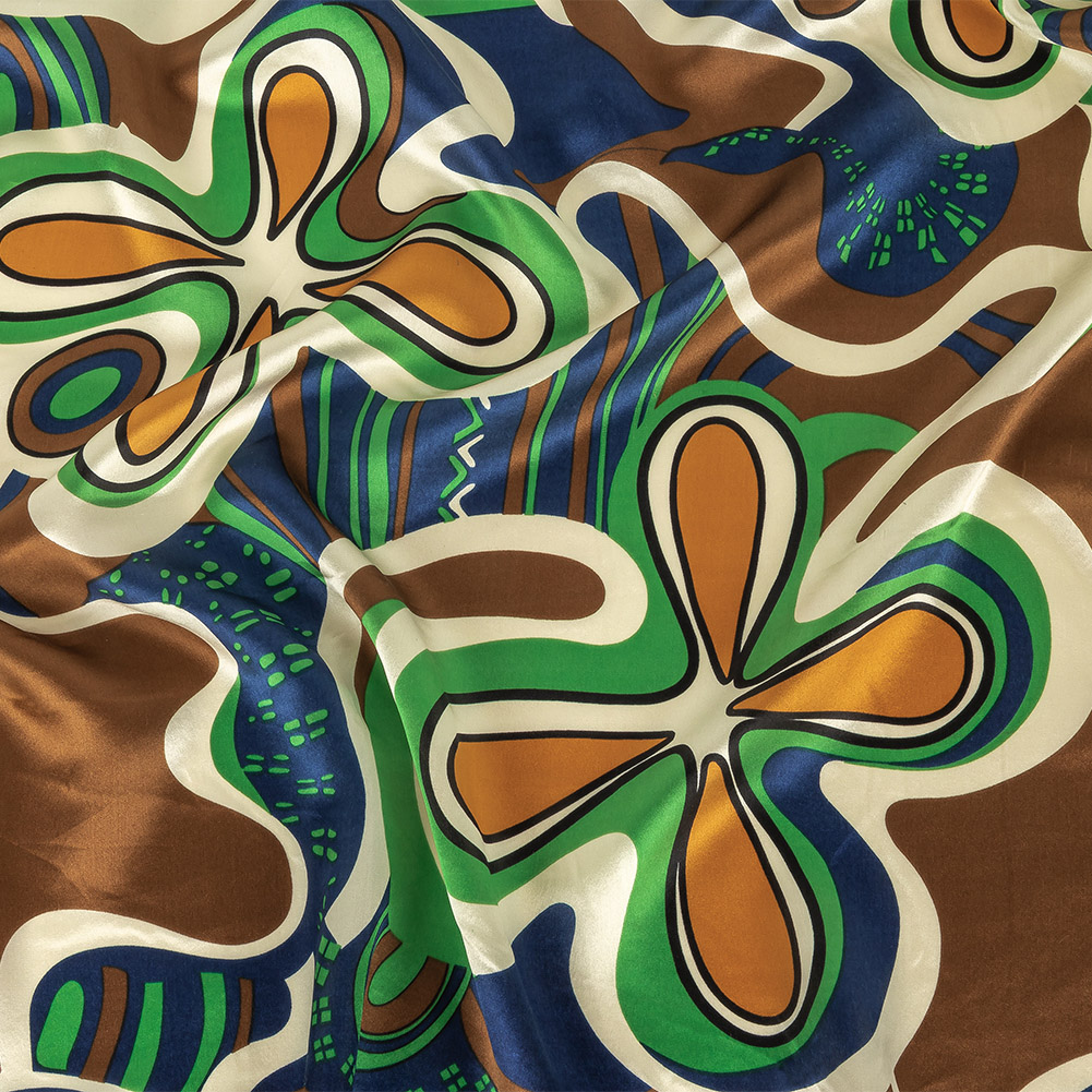 Estate Blue, Green and Brown Retro Floral Silk Charmeuse